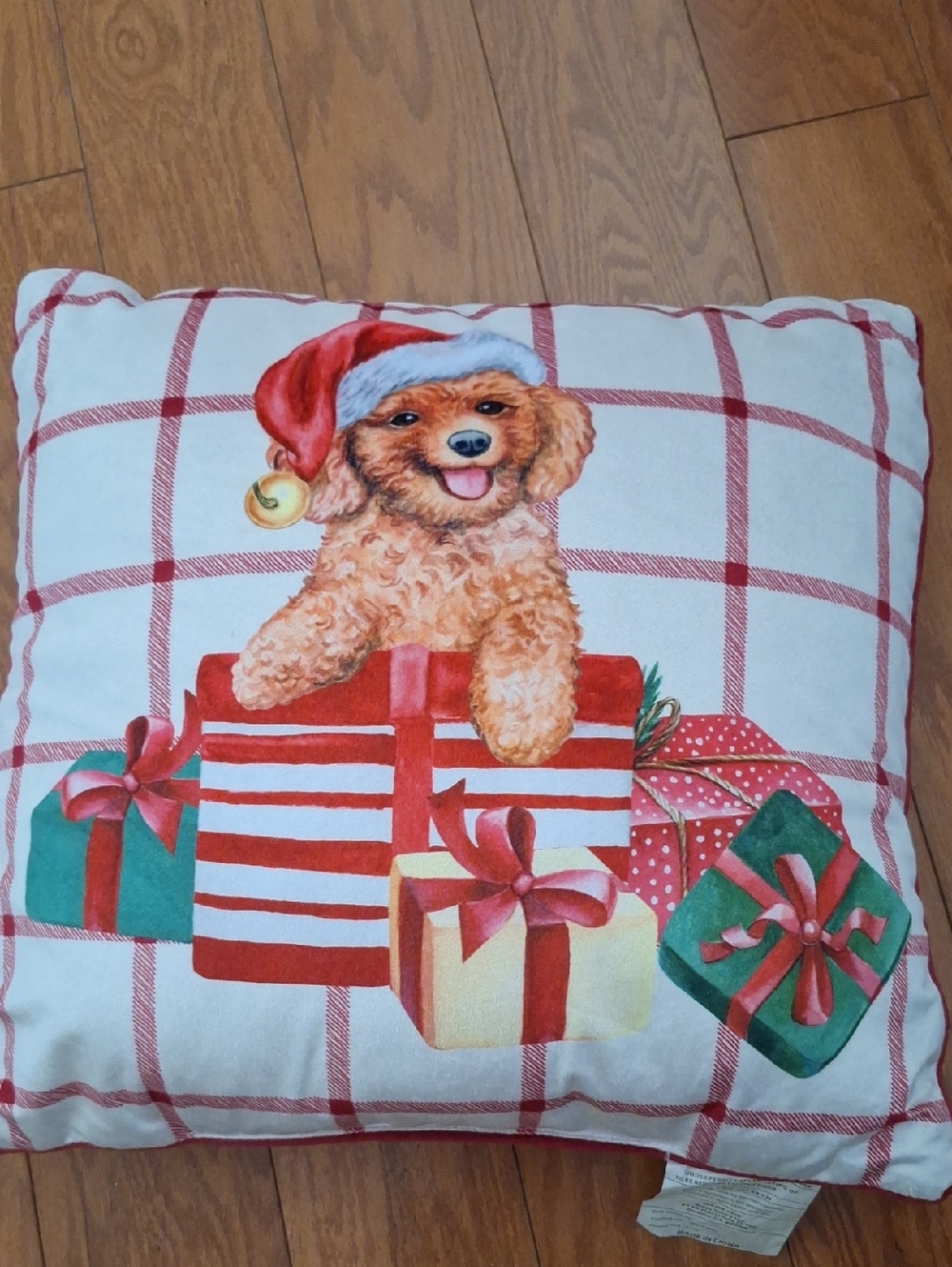 Festive Puppy Holiday Decorative Throw Pillow - Red, Green, Cream